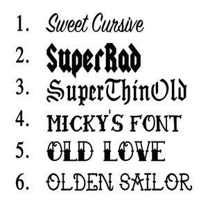 Pu&ograve; includere: Un elenco di sei diversi stili di font, ognuno con un numero e un nome. I font sono: Sweet Cursive, SuperRad, SuperThinOld, MICKY'S FONT, OLD LOVE e OLDEN SAILOR.
