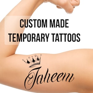 Custom Name w/ Crown Temporary Tattoos -  personalized cursive cool text word names words chicano American style temp tats customizable
