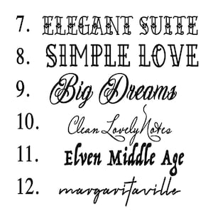 Pu&ograve; includere: Un elenco di nomi di font scritti a mano, tra cui "Elegant Suite", "Simple Love", "Big Dreams", "Clean Lovely Notes", "Elven Middle Age" e "margaritaville".