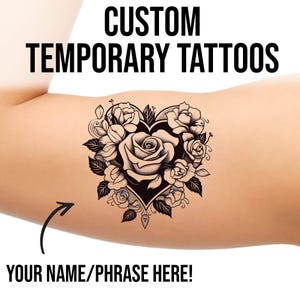 Custom heart Rose Temporary Tattoos -  personalized word names words old school American traditional style temp tats customizable tattoo