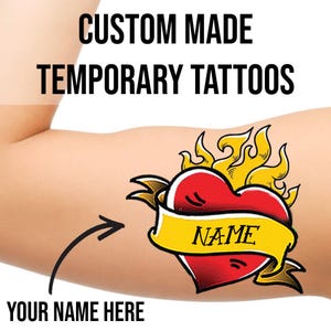 Custom Name in Heart flame Temporary Tattoos personalized old school traditional American style temp tats removable customizable play tattoo