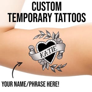 Name in Heart Banner Temporary Tattoos - custom personalized word names  old school American traditional style temp tats customizable tattoo