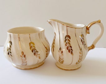 Sugar Creamer Set Sadler England Gold Wheat Botanical Hand Painted Vintage Tea Party