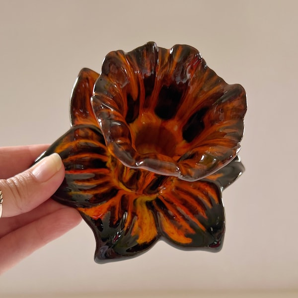 Evangeline Pottery 970 Daffodil Black Orange Yellow Drip Glaze Candlestick Holder Collectible
