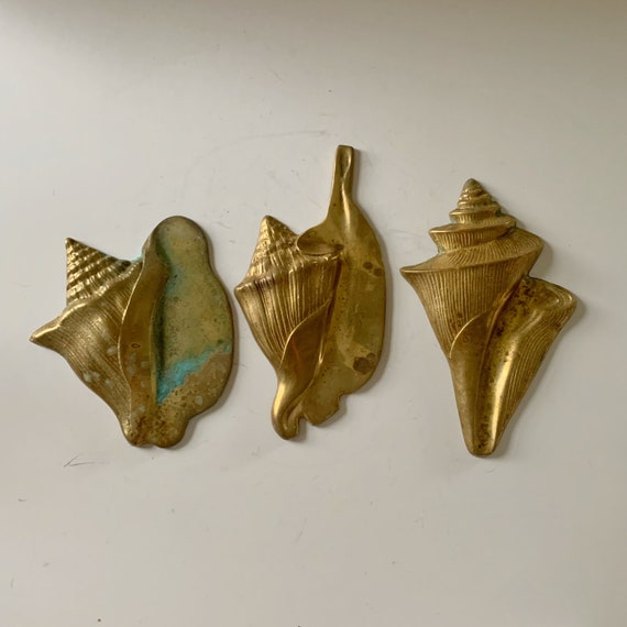 Trio of Solid Brass Seashell Conch Wall Hanger Decor MCM Vintage