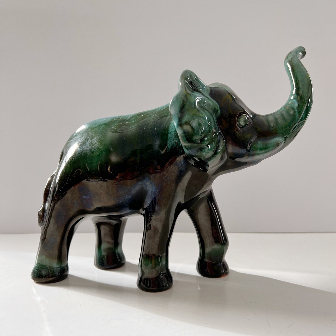 Blue Mountain Pottery Elephant Trunk up Good Luck Flow Green