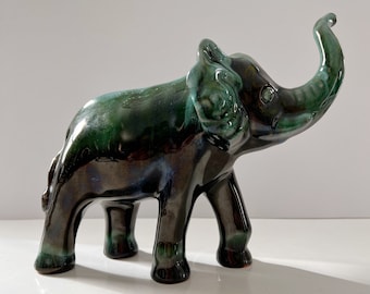 ★BLUE ELEPHANT★ COY black green Blue Mountain Pottery Elephant Trunk up Good Luck Flow Green