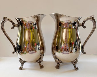Pair of Silver Plate Water Jug Ewer Ice Guard Footed Claw Foot Pitcher Vase Ornate Romantic Vintage