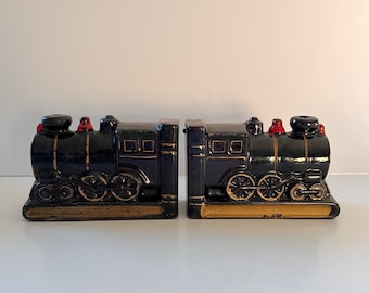 Train Locomotive Redware Japan Bookends Hand Decorated Vintage