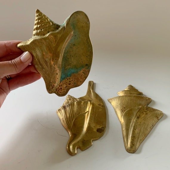 Trio of Solid Brass Seashell Conch Wall Hanger Decor MCM Vintage