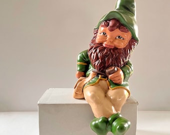Ceramic Garden Gnome Hand Painted Leprechaun Shelf Sitting Vintage Hobbyist Art