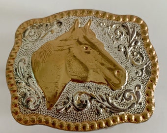 Sunrise Outlet German Silver Tone Belt Buckle with Gold Tone Horsehead Detail