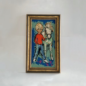 Rad Needlepoint Kid with Pony Horse Framed One of a Kind Vintage