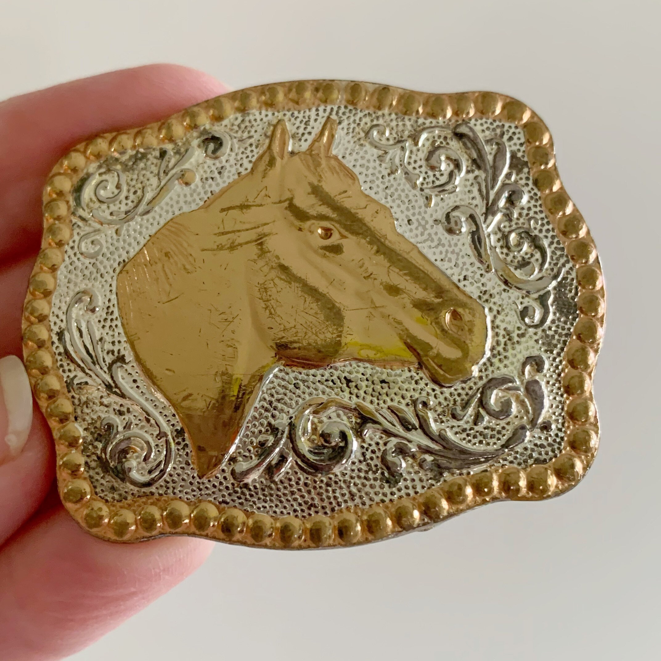 Sunrise Outlet German Silver Tone Belt Buckle with Gold Tone Horsehead Detail