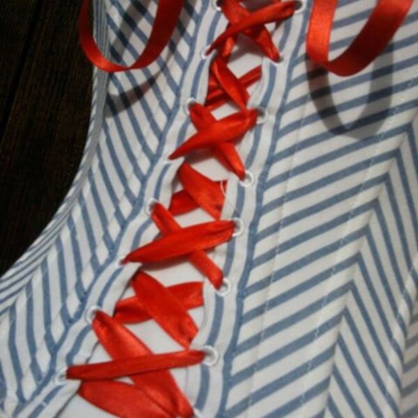 reserved for kat SAILOR nautical corset 50s pin up gal blue n white striped big RED bow nautical sea voyage basque 30 - 32 inch bust