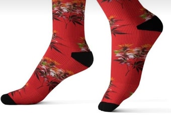 Blooming red sock, socks, novelty socks, flower motif socks, red socks, fun socks