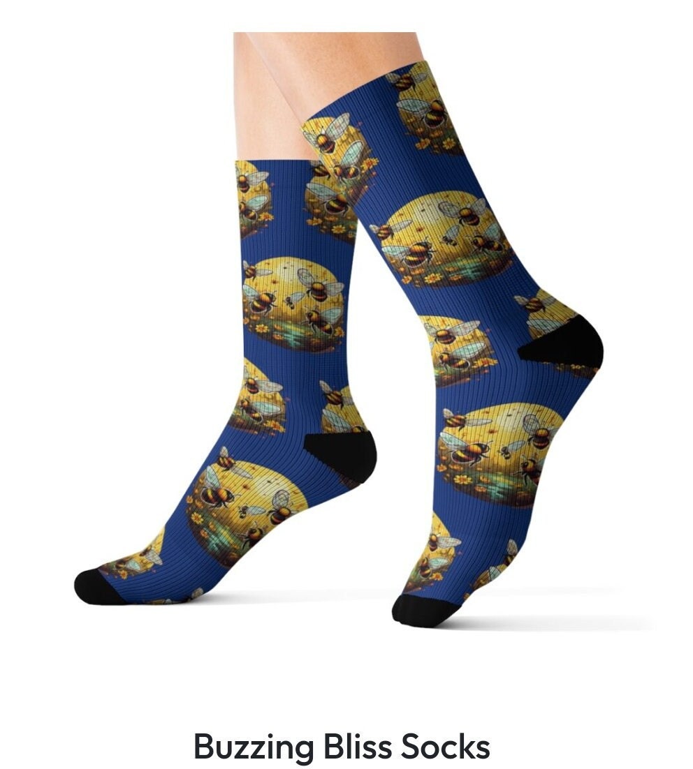 Buzzing bliss socks, novelty socks, bee socks, whimsical socks, fun socks, bees, bee, fun, novelty, whimsical, whimsy