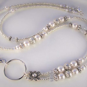 White Pearl Lanyard ANTIQUE PEARL ID beaded Badge Holder