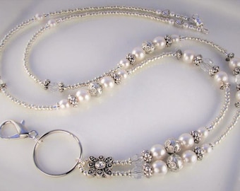 White Pearl Lanyard ANTIQUE PEARL ID beaded Badge Holder