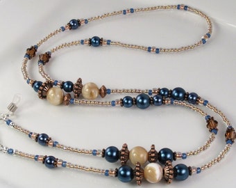 Elegant Eyeglass Leash, Eyeglass Holder Blue Pearl Glass Beaded Eyeglass Chain Women's gift