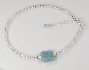 Beaded Anklet Aquamarine Gemstone and Glass Beaded Anklet with Sterling Silver