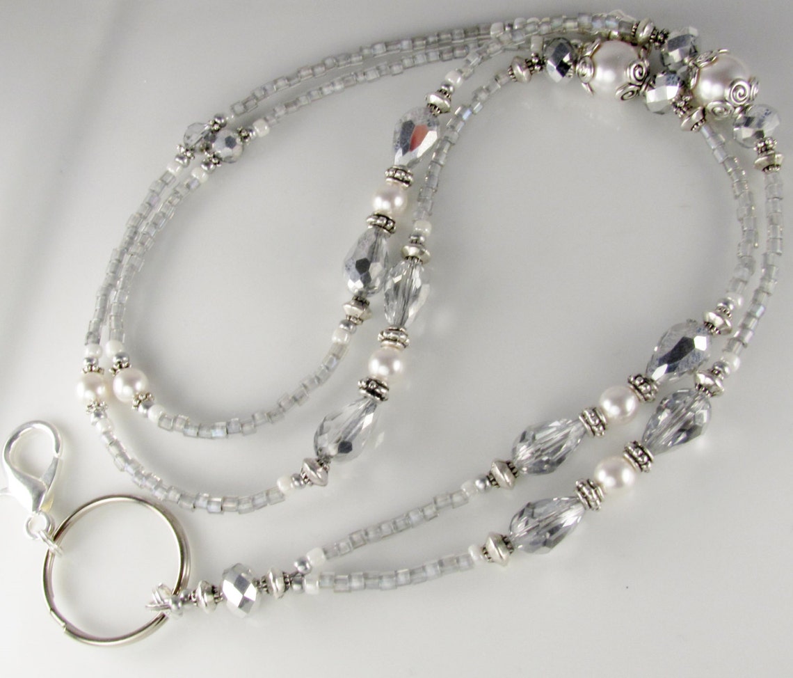 Metallic Silver Beaded Lanyard Crystal ID Badge Holder Etsy