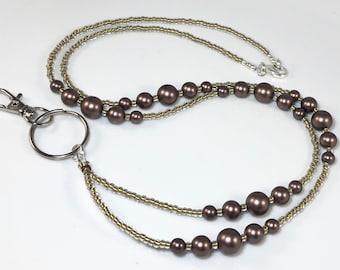 Brown Pearl Beaded Lanyard,  ID Badge Holder, teacher gift, nurse gift