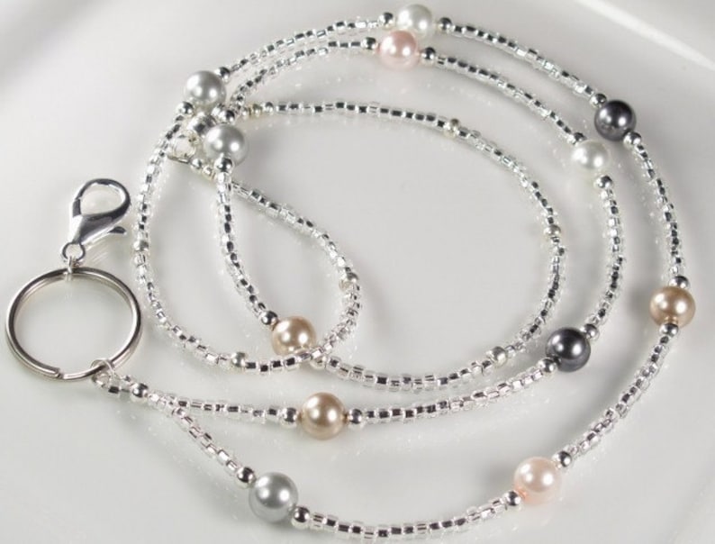 Classic Beaded Lanyard, MADEMOISELLE Neutral Colors lanyard, Pearls and Glass ID Badge Holder image 5