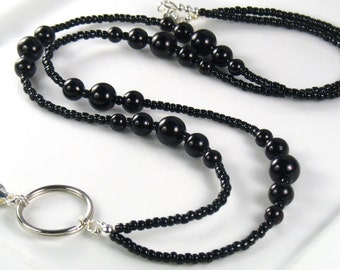 Black Pearl Beaded Lanyard,  ID Badge Holder, teacher gift, nurse gift