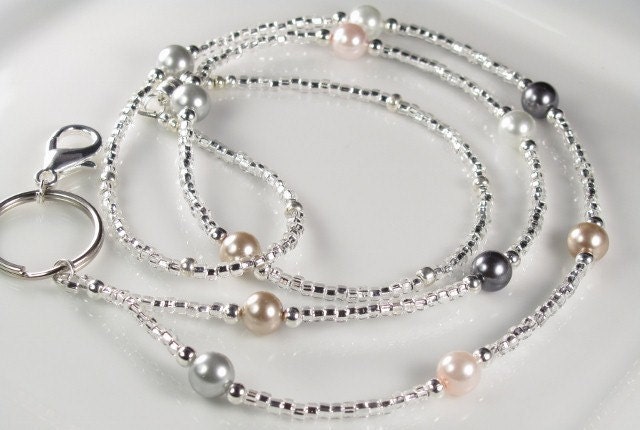 Classic Beaded Lanyard, MADEMOISELLE Neutral Colors lanyard, Pearls and Glass ID Badge Holder