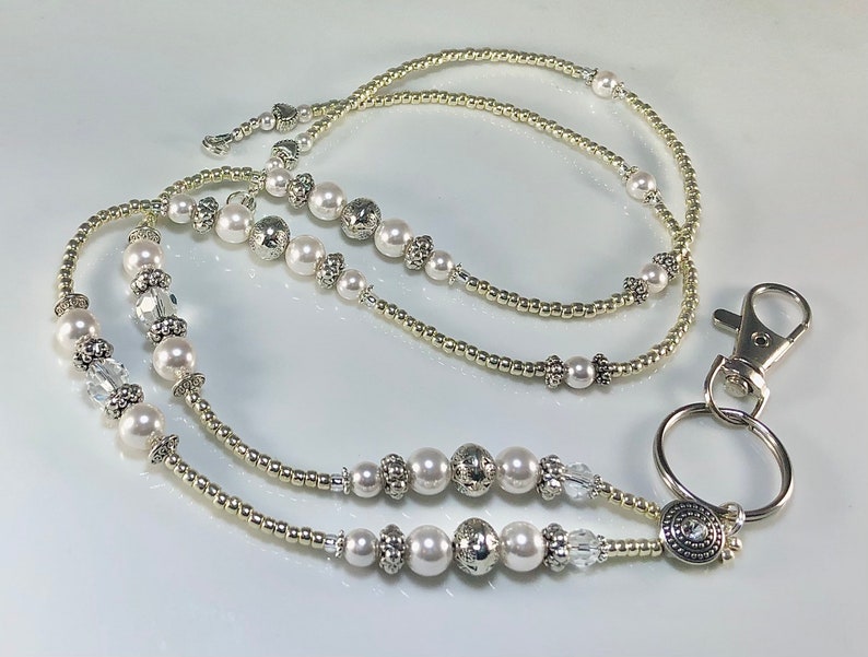 Silver & Pearl Lanyard ANTIQUE PEARL ID beaded Badge Holder Etsy