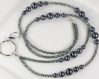 Gray Pearl Beaded Lanyard SIMPLICITY Black Smoke  ID Badge Holder breakaway lanyard