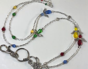 Colorful Angel Beaded Lanyard, Fairy lanyard, id badge holder, Glass bead ID Badge Holder, key lanyard, gift for women