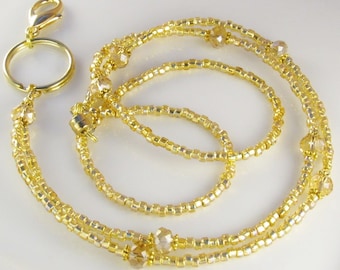 Gold Crystal Beaded Lanyard SIMPLICITY Glass Beaded ID Badge Holder