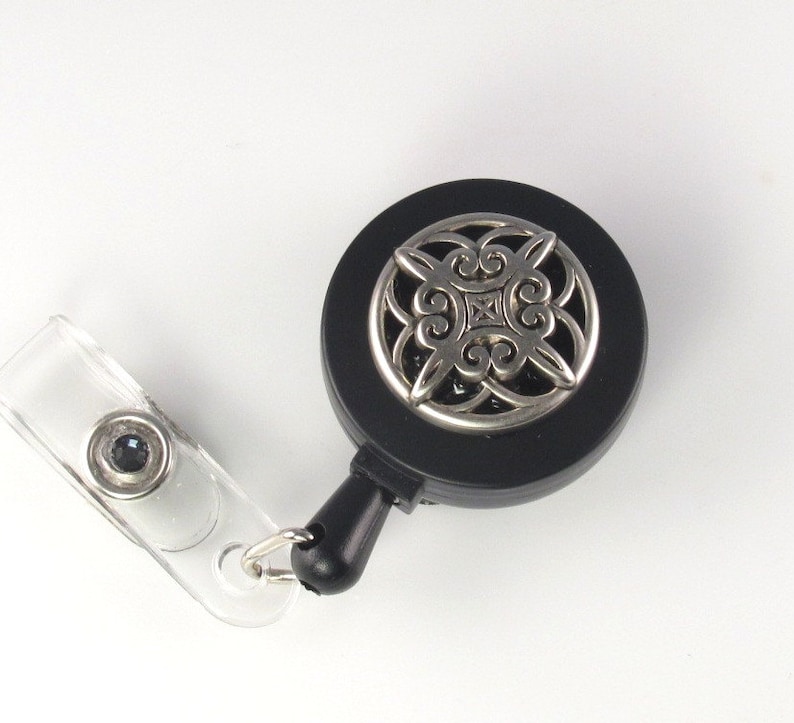 ID Badge Reel ANTIQUE SILVER beaded lanyard