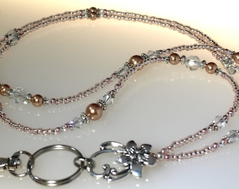 Cordón con cuentas de oro rosa, porta credencial de cristal, rosa cristal