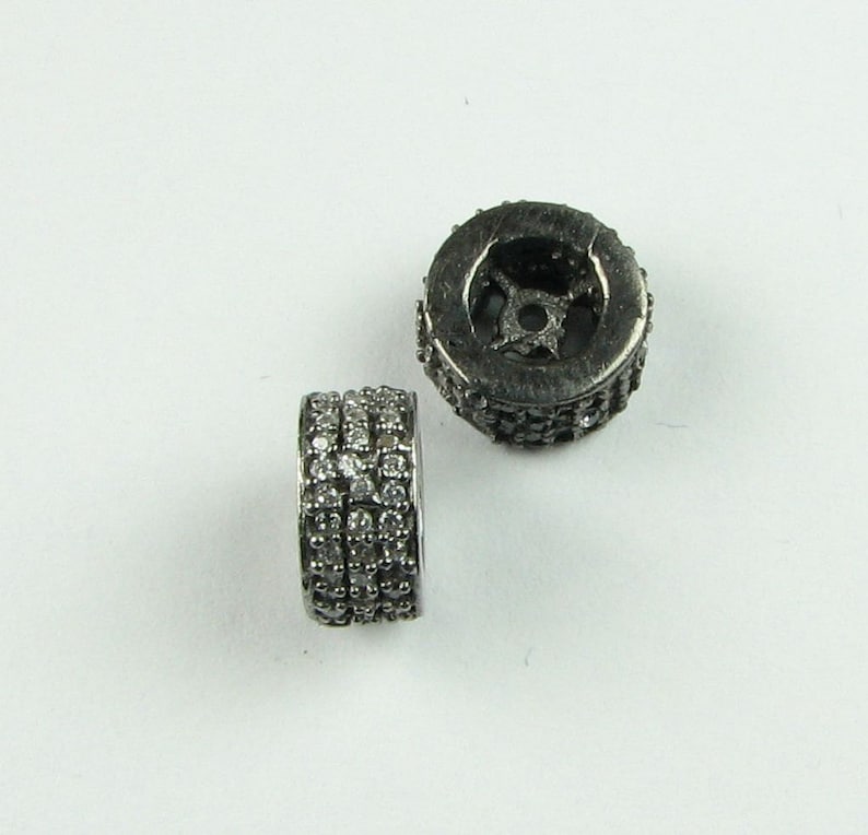 Wheel Round Bead Black Rhodium over Sterling Silver Pave Set White Topaz Encrusted Spacer Bead 10mm