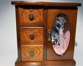 Vintage Wooden Heart Jewelry Box with Frosted Floral Glass