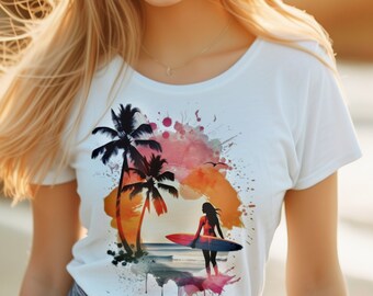 Surfer T-Shirt Jersey Watercolor Print Sunset Surfing Shirt Beach Vibes Unisex