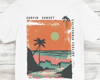 Surfin Sunset T-Shirt Jersey Vintage Print Surf Style Shirt Beach Vibes Unisex