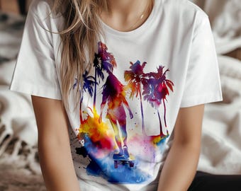 Longboard T-Shirt Jersey Watercolor Print Sunset Longboarding Girl Shirt Beach Vibes Unisex