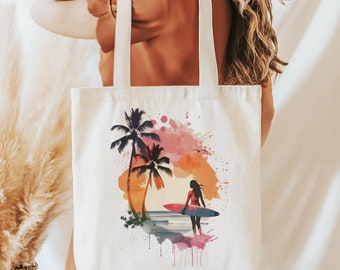 Tote Bag - Jute bag with Sunset Surfer Watercolor Print - recycled cotton must-have and perfect gift