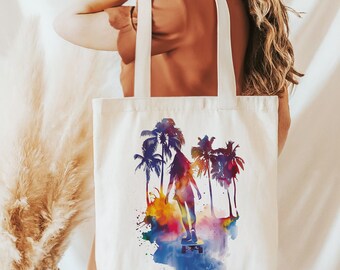 Tote Bag - Jute Bag with Sunset Skate Longboarding Girl Watercolor Print - Cotton Must-Have and Gift