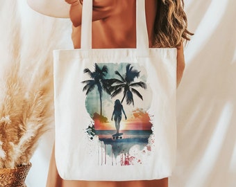 Beach bag - jute bag with Sunset Skate Longboarding Girl Watercolor Print - cotton must-have and gift