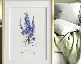 July Birthflower Framed Print Watercolour Art - A4 (8.3" x 11.7") A3 (11.7" x 16.5") or 40 x 60 cm (16" x 20") perfect birthday gift