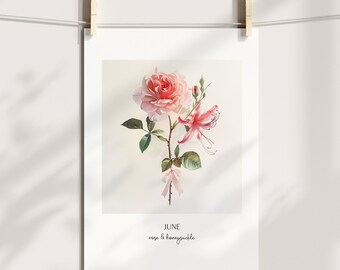 June Birthflower Poster Watercolour Art - A4 (8.3" x 11.7") A3 (11.7" x 16.5") or 40 x 60 cm (16.5" x 20.40") perfect birthday gift