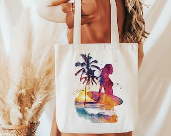 Tote Bag - Jute bag with Sunset Surf Girl Watercolor Print - recycled cotton must-have and perfect gift
