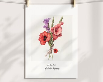 August Birthflower Poster Watercolour Art - A4 (8.3" x 11.7") A3 (11.7" x 16.5") or 40 x 60 cm (16.5" x 20.40")perfect birthday gift