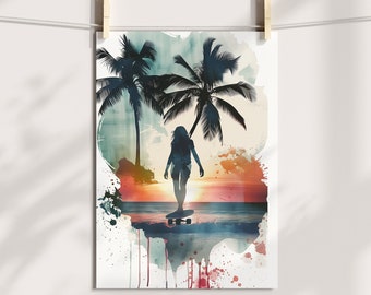 Watercolor Sunset Longboarding Girl Poster Watercolour Beach Vibes Summer Feeling Poster A4 (8.3" x 11.7") or A3 (11.7" x 16.5")