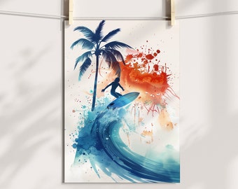Watercolor Sunset Surfer Poster Watercolour Beach Vibes Summer Feeling Poster A4 (8.3" x 11.7") or A3 (11.7" x 16.5")